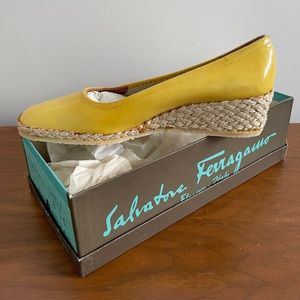 Vintage 90s Salvatore Ferragamo Wedge Shoes Women 8.5 Patent Leather Yellow
